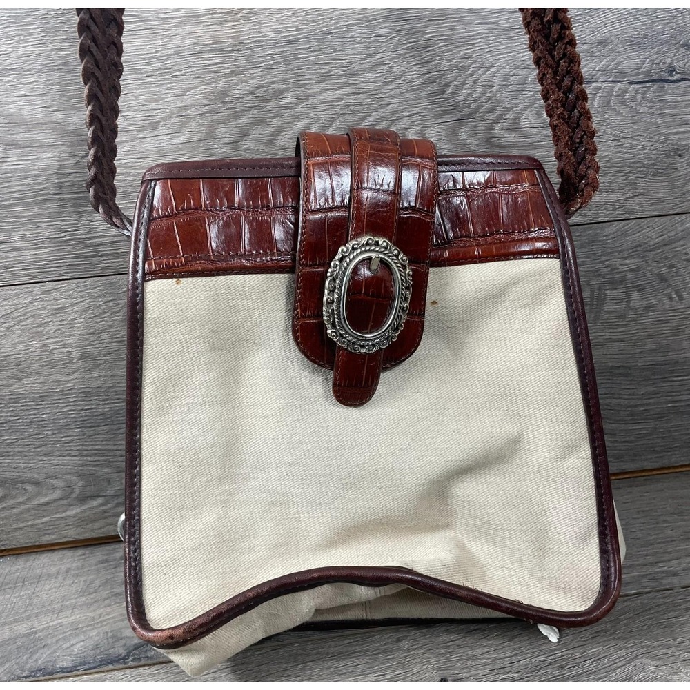 Brighton Purse Womens Tan Canvas Brown Croc Leather Crocodile Charm Shoulder Bag